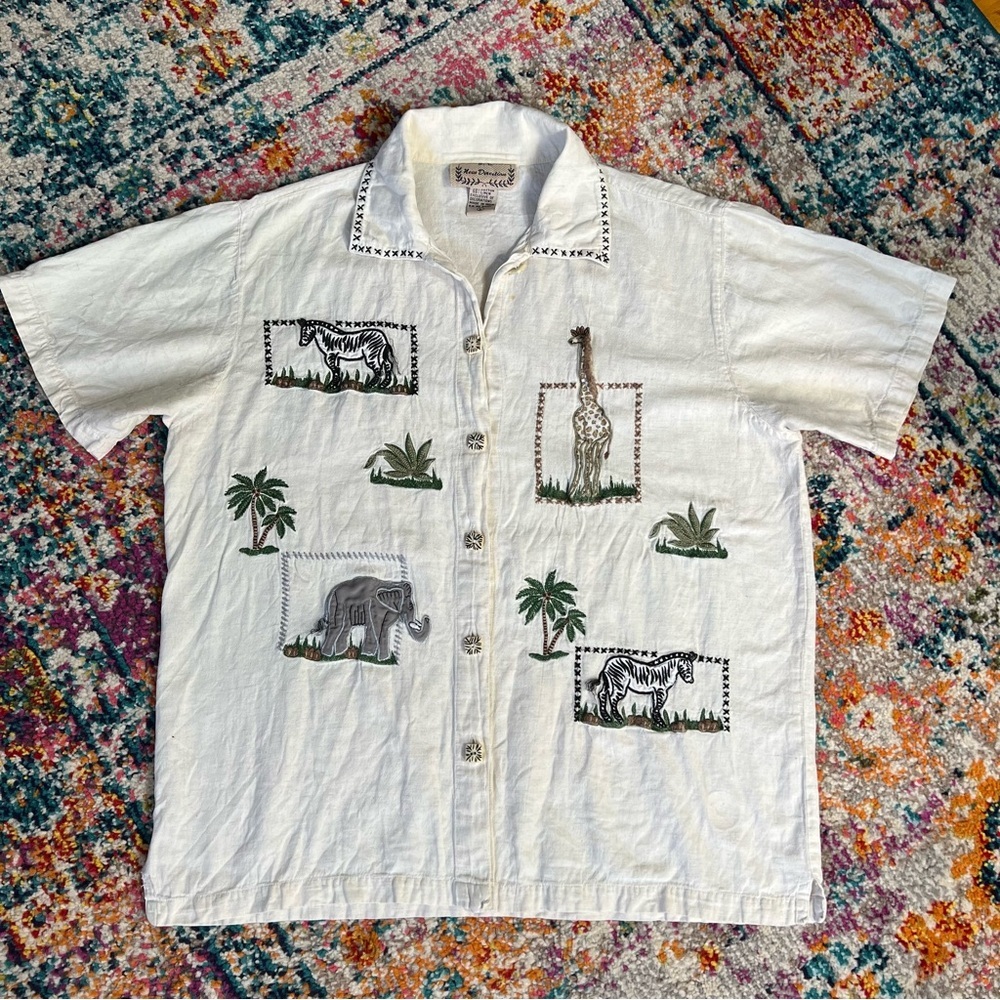 VTG New Directions‎ Safari Print Embroidered Button Shirt Large Linen Cotton - Picture 14 of 16